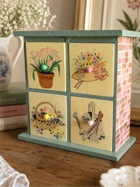Vintage Hand Painted Wooden 4 Drawer Chest Jewelry BoxCottage Floral Scene Decor